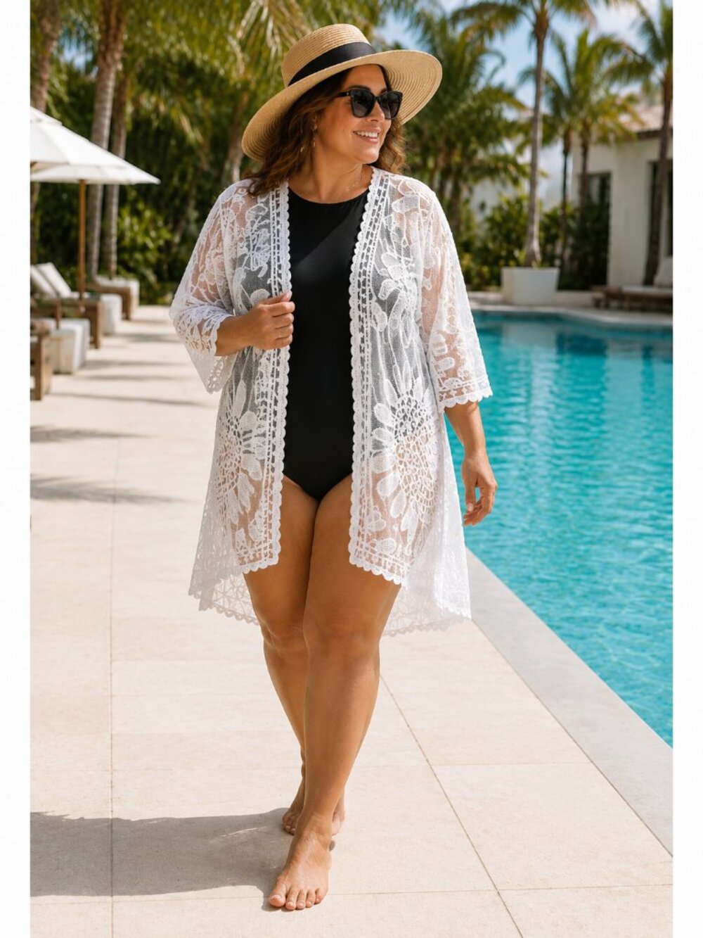 David & Young White Embroidered Lace Kimono Cover Up Boho Beach Cardigan